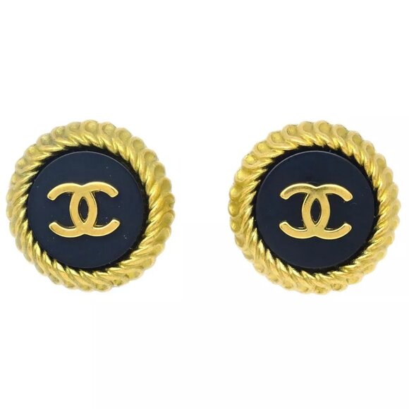 Chanel Gold Black Button Earrings Clip-On - Picture 1 of 4